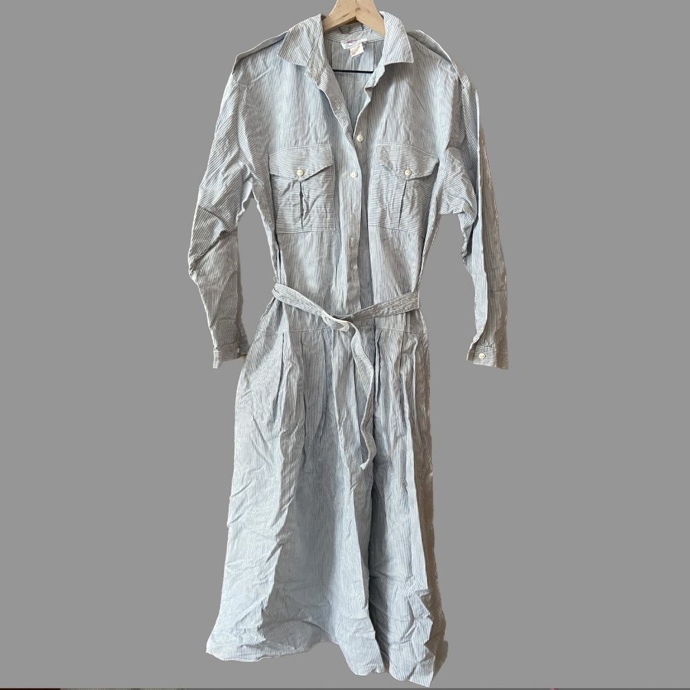 Vintage blue and white drop waist pinstriped shirtdress US women's 12